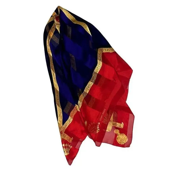 Vintage Scarf Ellen Tracy 80s Red Gold Chains 34 x 35 - Picture 6 of 8